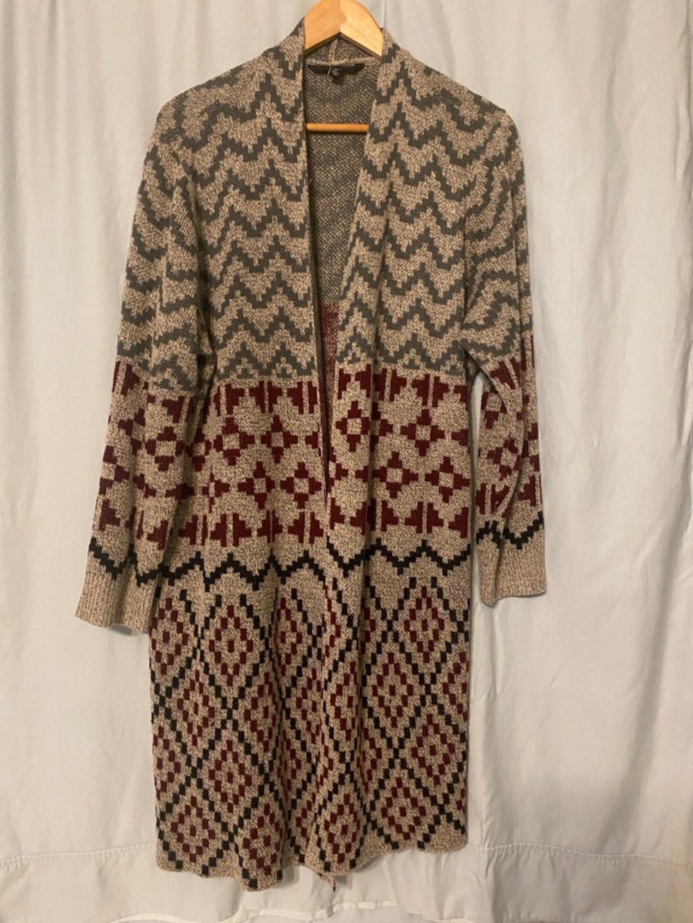 Long Open-Front Geometric Knit Cardigan Sweater - Beige, Gray & Burgundy